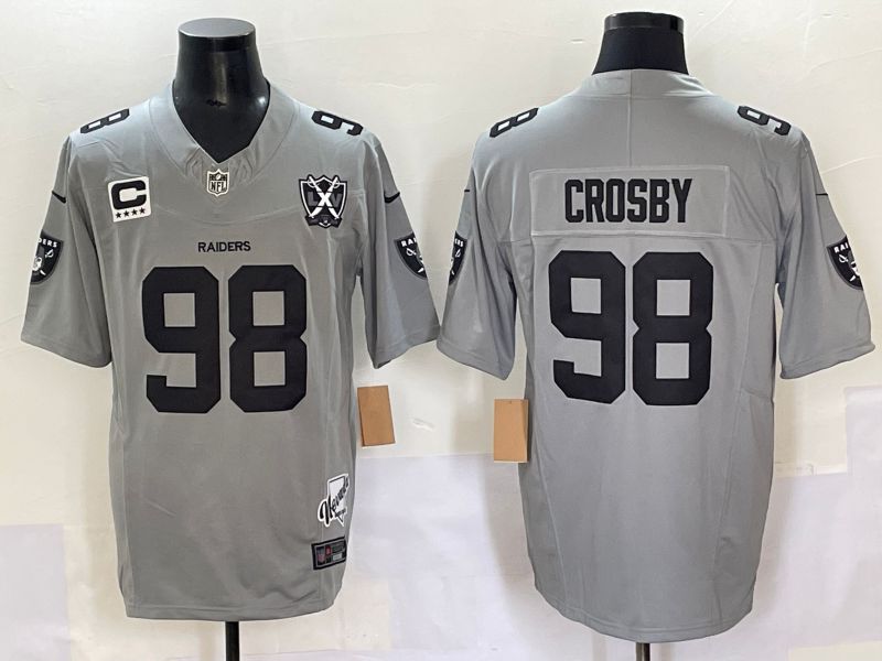 Men 2025 Oakland Raiders 98 Crosby Grey Throwback Three generations Nike Limited NFL Jersey style 2